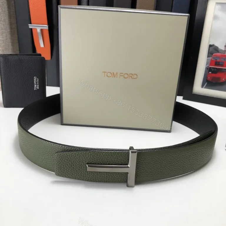 View 5 of Olive Pebbled Leather Belt â€” Bold Gold Buckle, Tom Ford