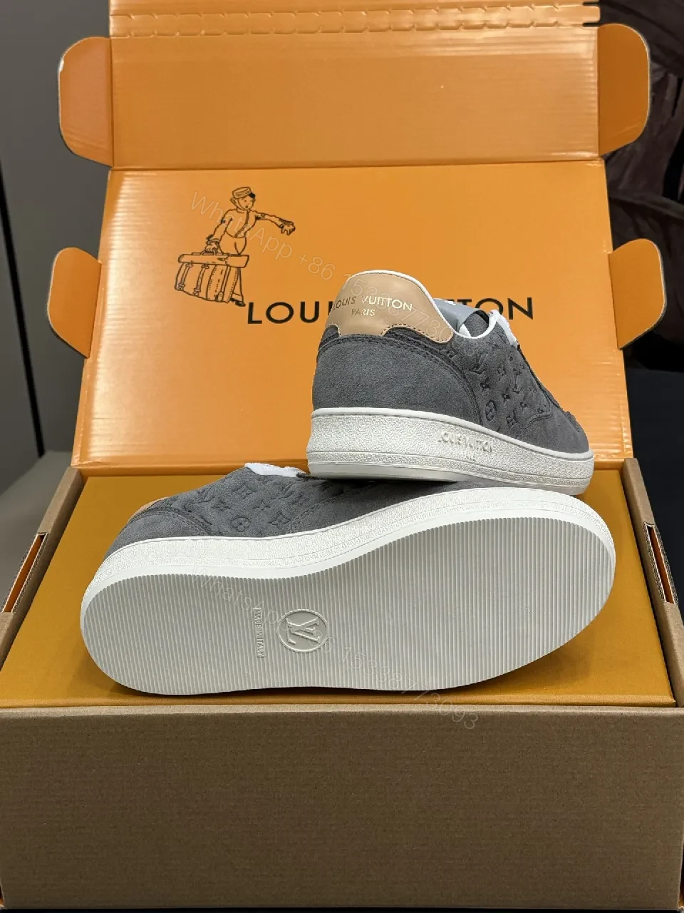 View 3 of Grey Suede Knit Sneakers - Subtle LV Texture, Cushioned Comfort