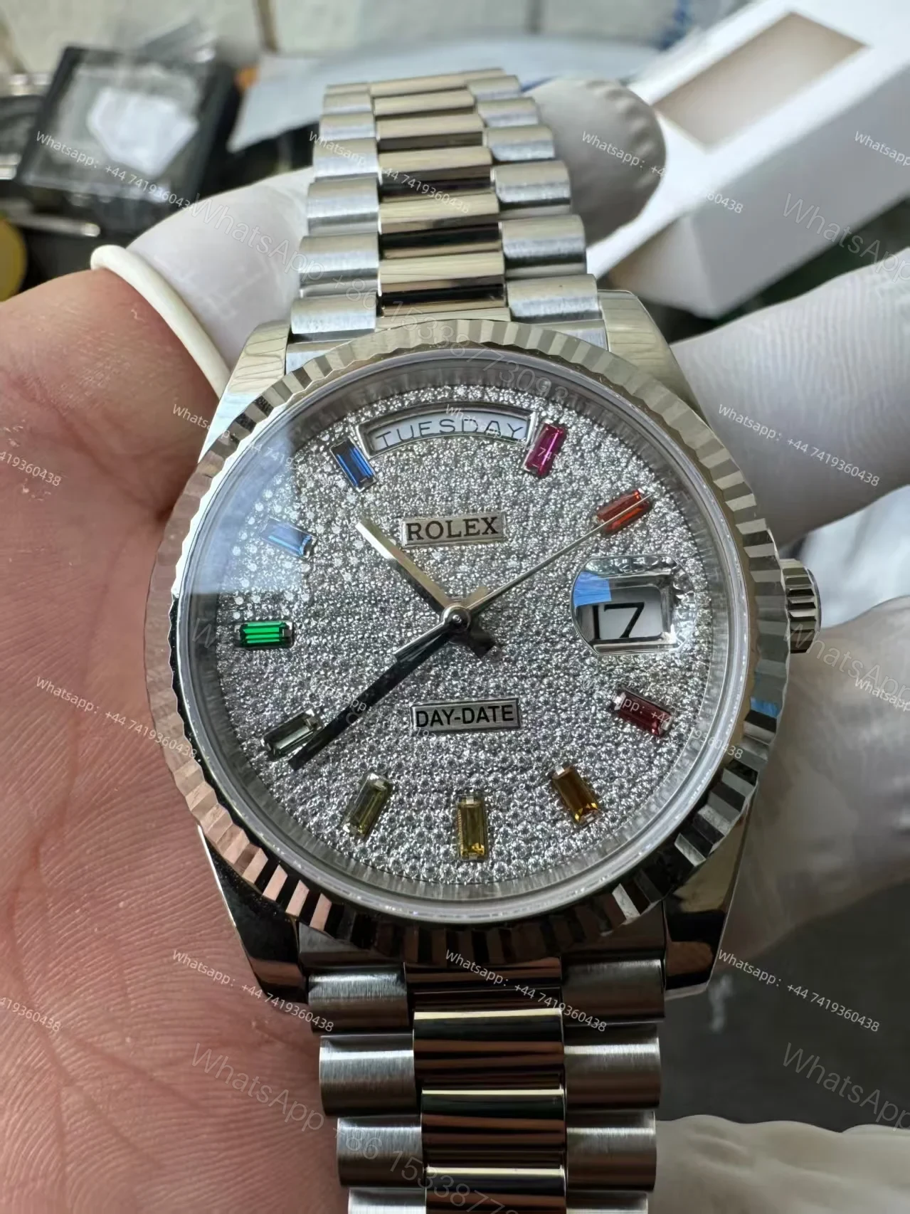 View 3 of Rolex Day-Date M128239-0019 1:1 Replica Moissanite Rainbow Diamond Dial 36MM 3255 Movement Presidential Bracelet Super Clone Watch