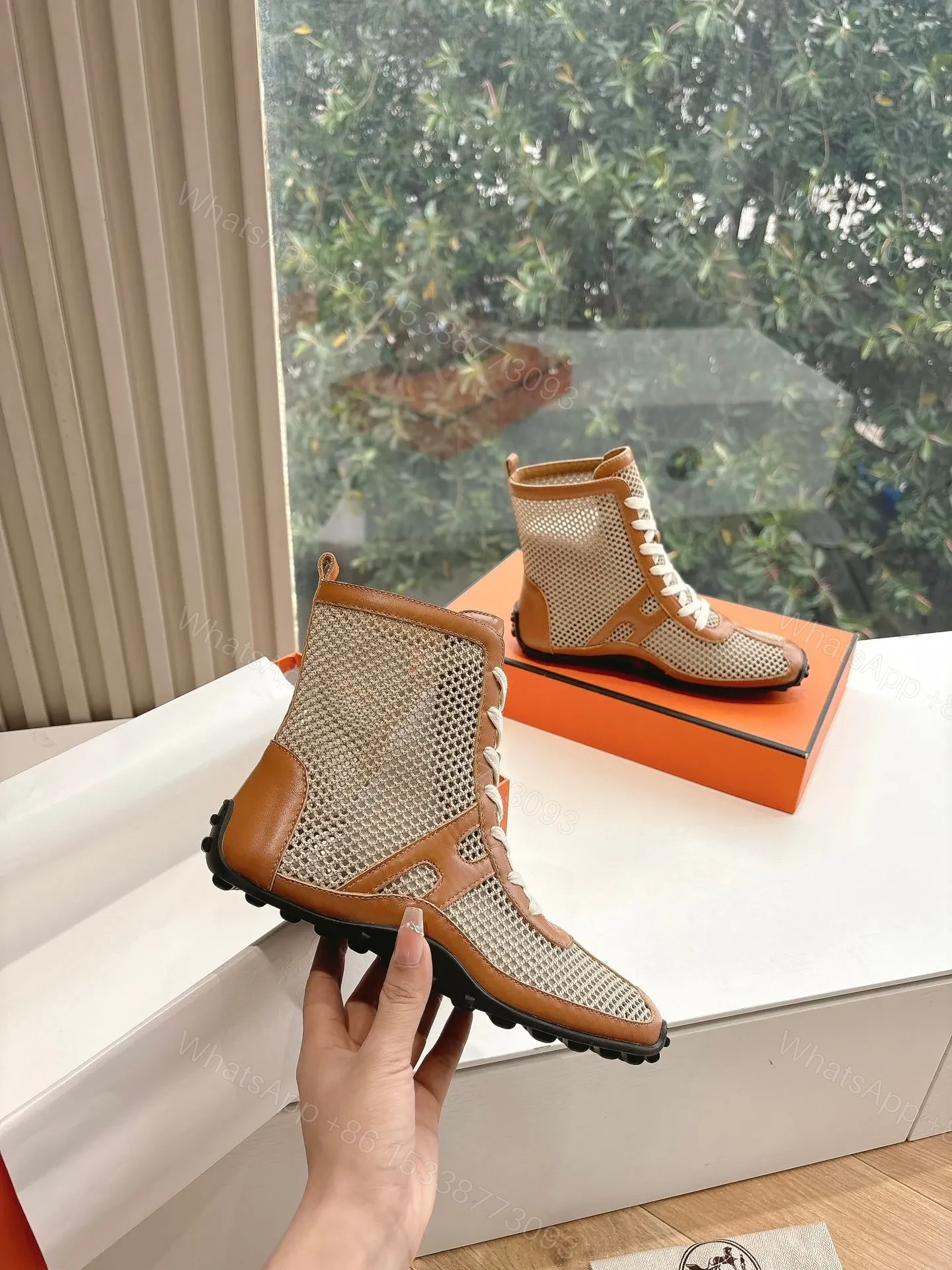 View 5 of Hermes Women Beige Mesh And Brown Leather Sneakers