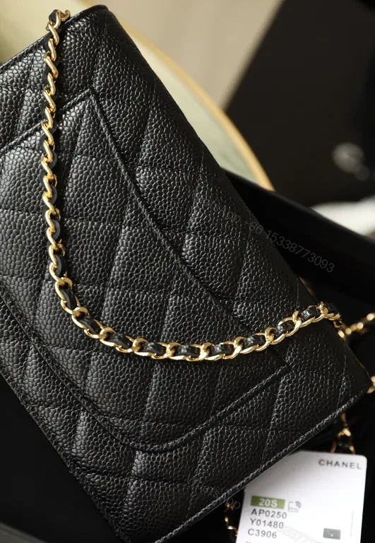View 3 of Premium Quilted Wallet: Gold Logo, Caviar Leather, Compact Luxury