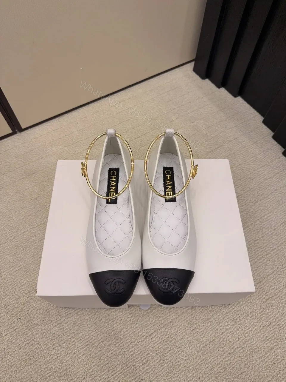 View 2 of Two-Tone Quilted Slingback with Gold Ring Strap Shoes