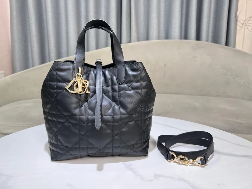 View 7 of Chic Quilted Tote with Gold Charms - Elegant Everyday Carryall
