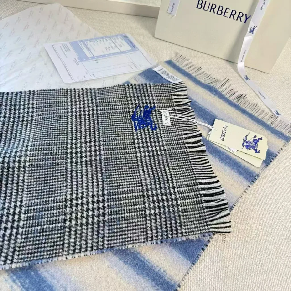 View 3 of Cozy Plaid Scarf – Soft Knit, Fringed Ends, Navy Embroidery