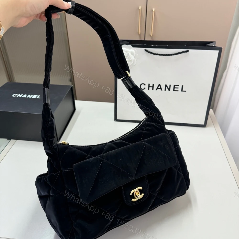 View 3 of Chanel Maxi Bowling Bag Velvet Effect Nylon And Gold Tone Metal Black 27Cm