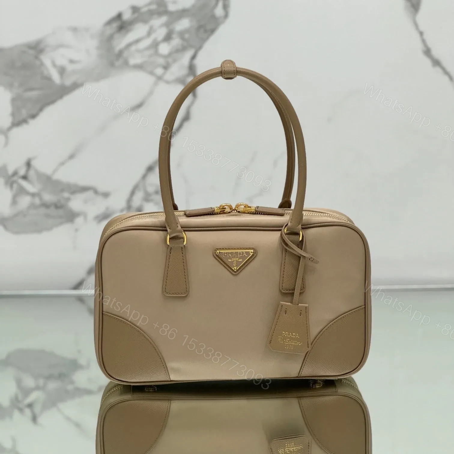 LARGE TOP HANDLE BAG 35 IN DRIED MOSS NYLON AND CALFSKIN TRIM — view 1