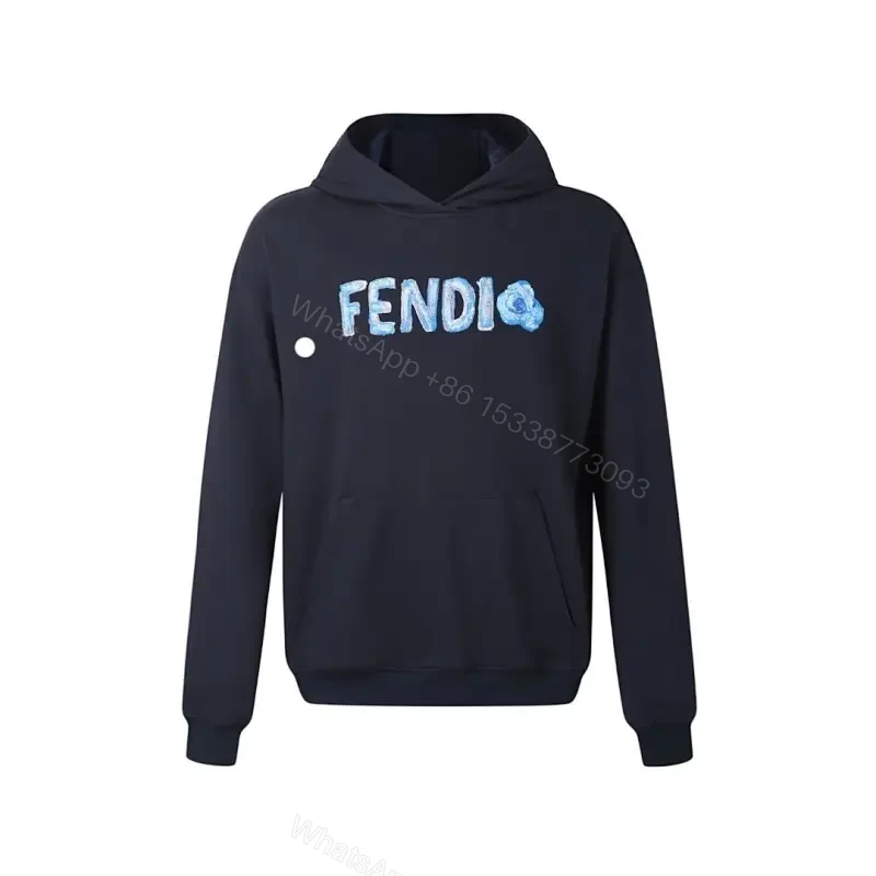 Navy Fendi-Embroidered Graphic Hoodie, Luxe Cotton-Blend — view 1