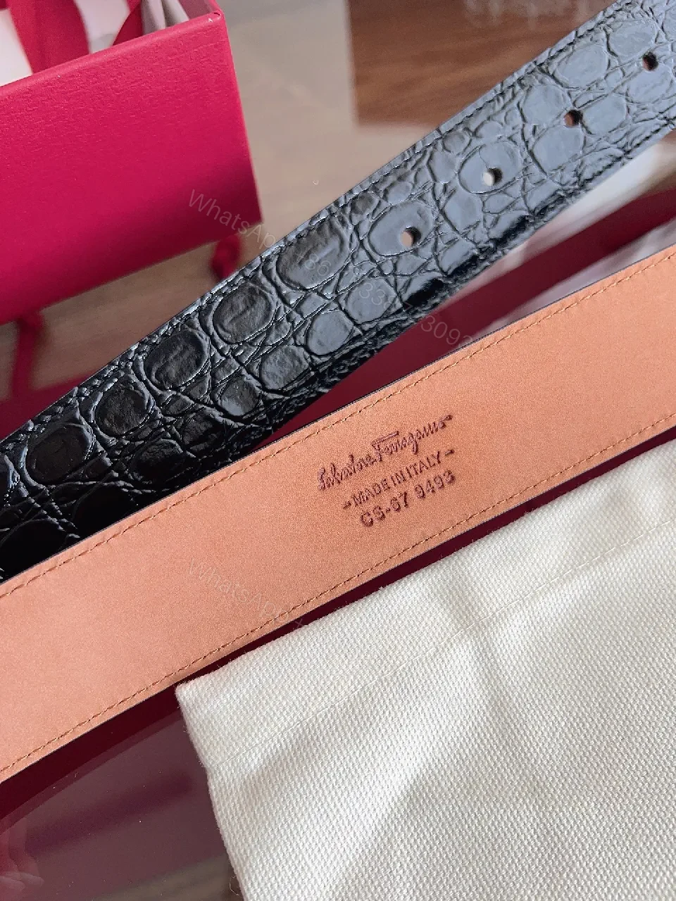 View 4 of Nude Leather Croc-Texture Belt with Matte Hardware