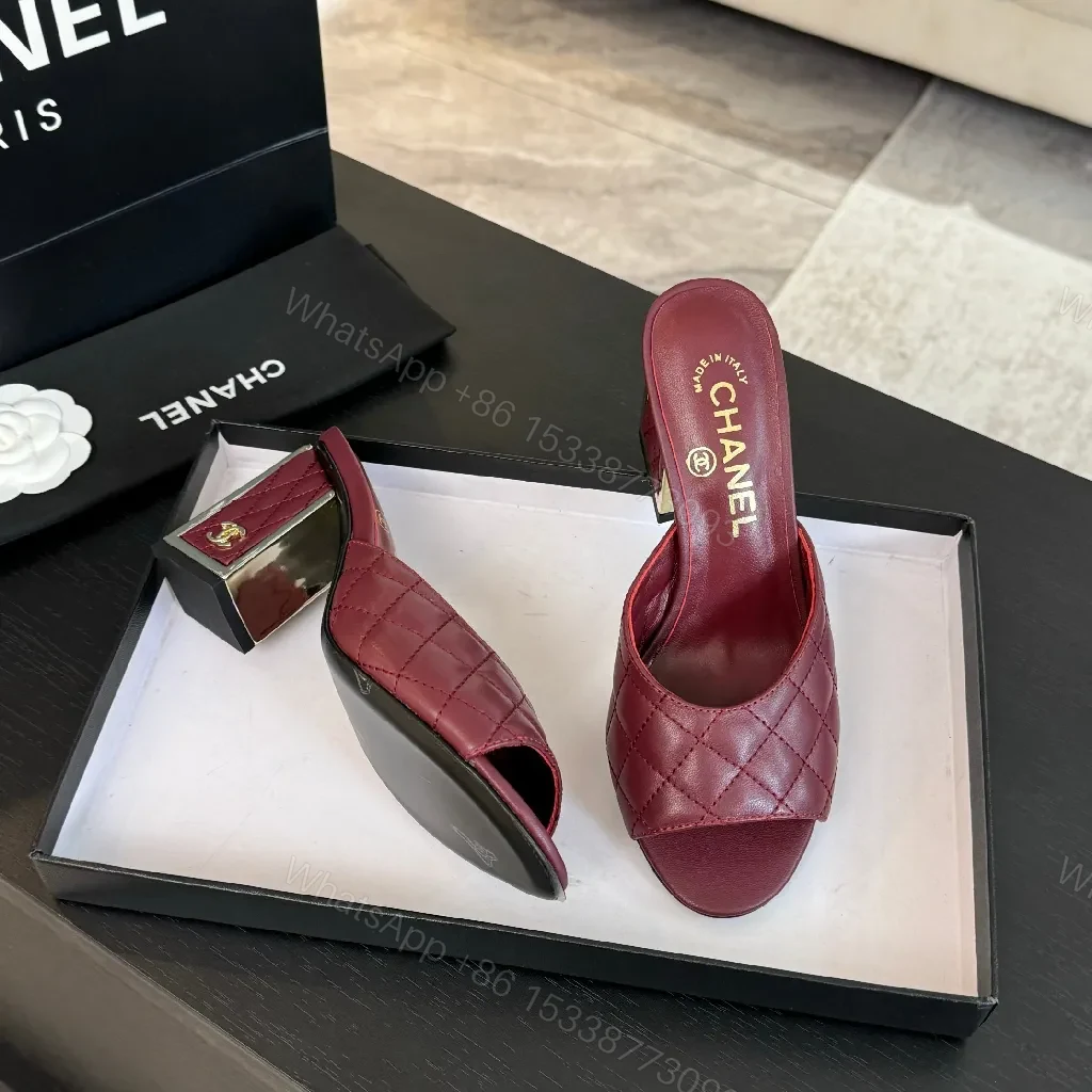 View 7 of Burgundy Quilted Leather Slide with Gold-Accent Comfort Footbed