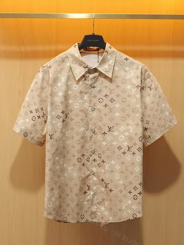 Light Beige LV Monogram Short-Sleeve Shirt with Button Placket — view 1
