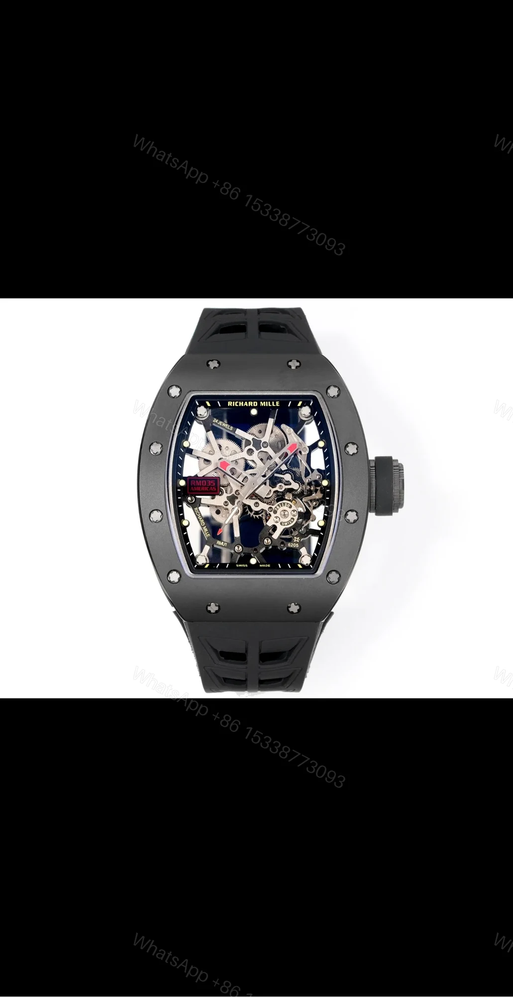 Richard Mille RM035 Big Bull Manual Winding Skeleton Watch Black Ceramic NTPT Carbon Fiber RMUL1 Movement Velcro Strap Premium Edition RM035-BB-BLK-CF-VEL — view 1