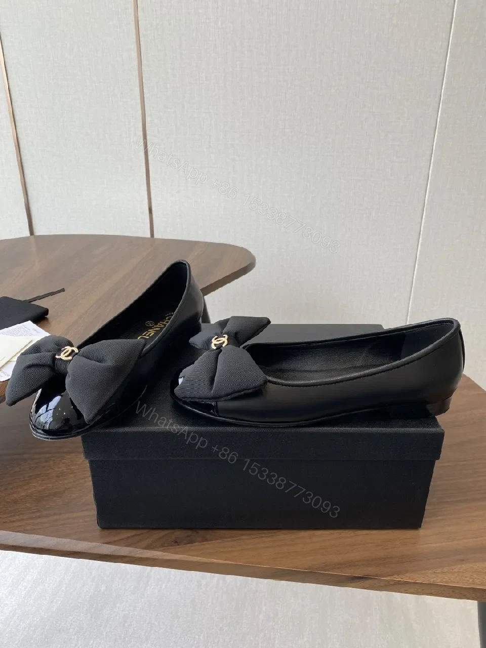 View 5 of Lux Black Leather Bow Flats with Gold Hardware