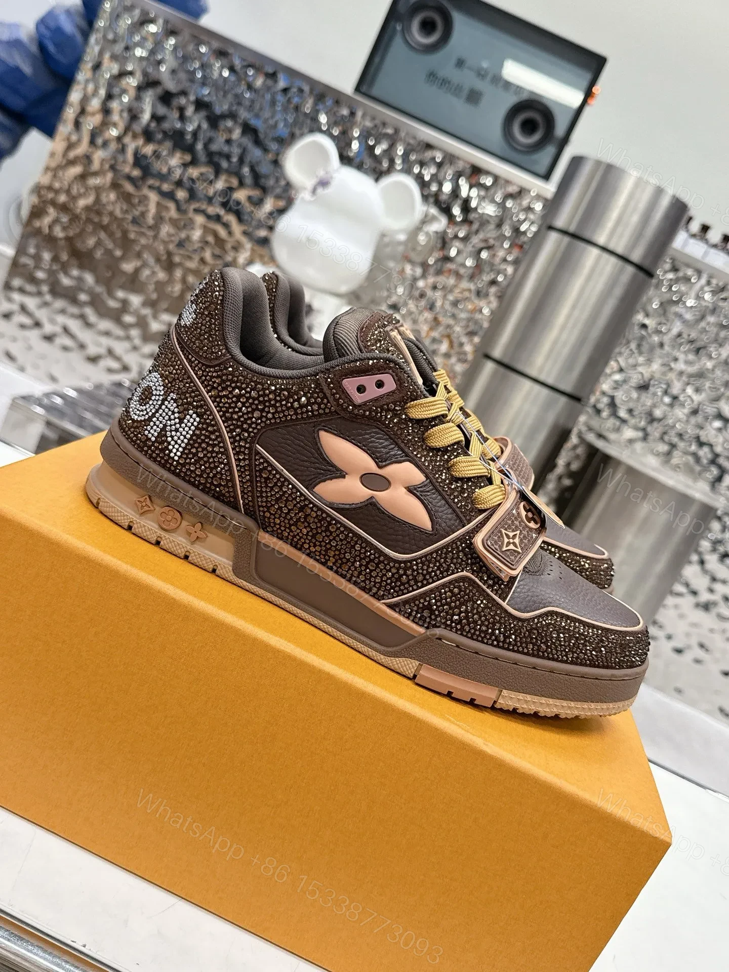 View 3 of LV Women Brown Leather Sparkle Strap Sneakers