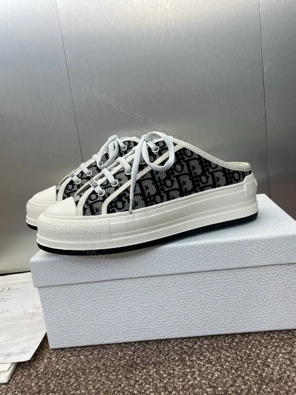 View 2 of Black & White Canvas Low-Top Sneakers, Christian Dior Style, Classic Feature