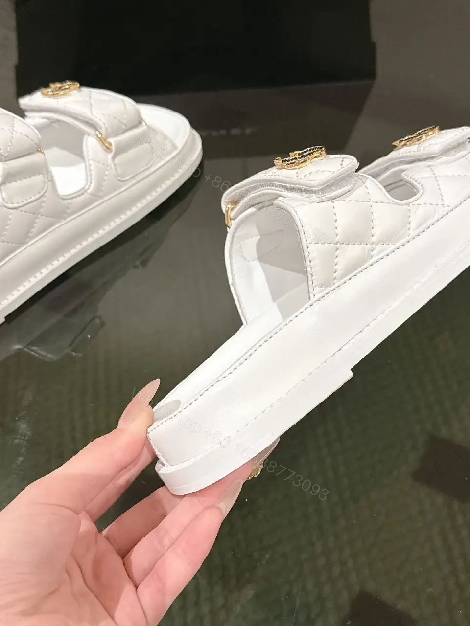 View 3 of White Leather Slides with Gold Accents - Luxe Comfort Slip-Ons