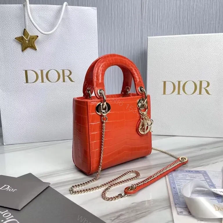 View 2 of Croc-Embossed Dior Bag: Chic Red, Gold Accents, Top Handle