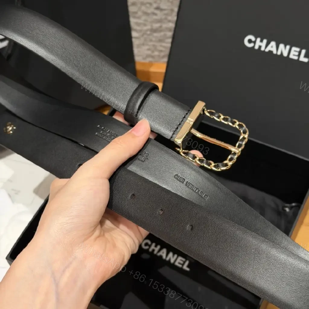 View 9 of Black Leather Belt Leather Luxury/Sleek Chain-Linked Buckle Accent Belt