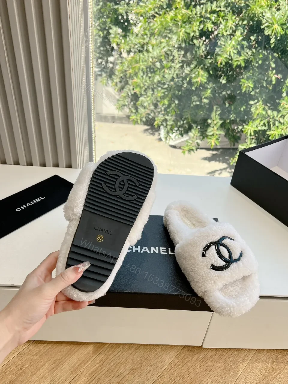 View 8 of White Fuzzy Slides with Logo Detailing, Luxe Comfort Slide