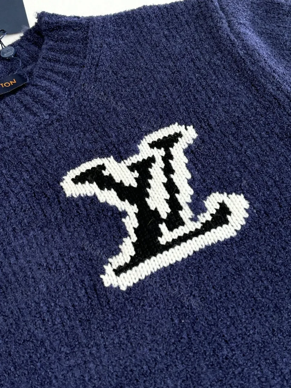 View 5 of Blue Knit Luxury Sweater with Signature Monogram Emblem