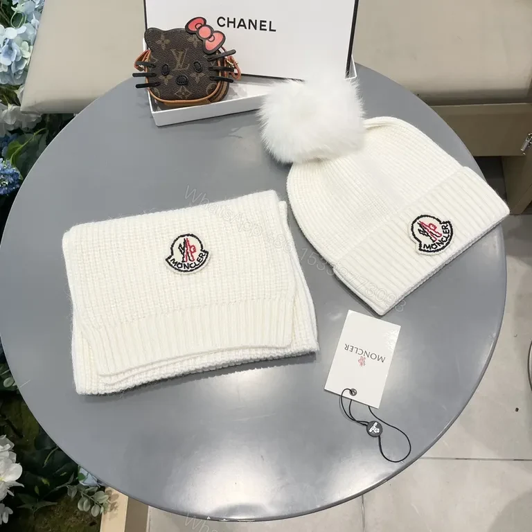 View 8 of Cozy Luxe Knit Set: White Beanie & Scarf with Moncler Patch