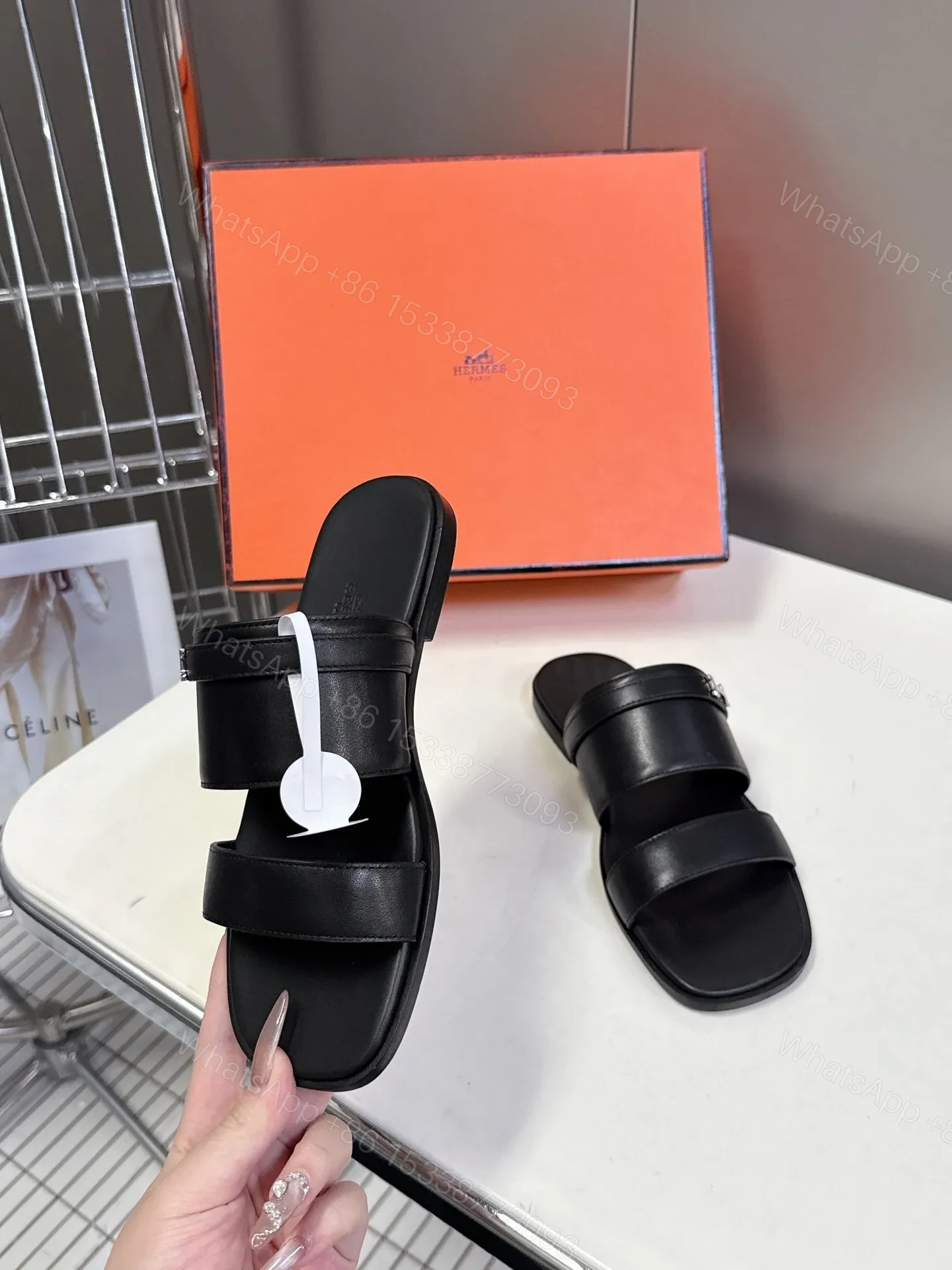 View 5 of Hermes Women Black Leather Flat Sandals