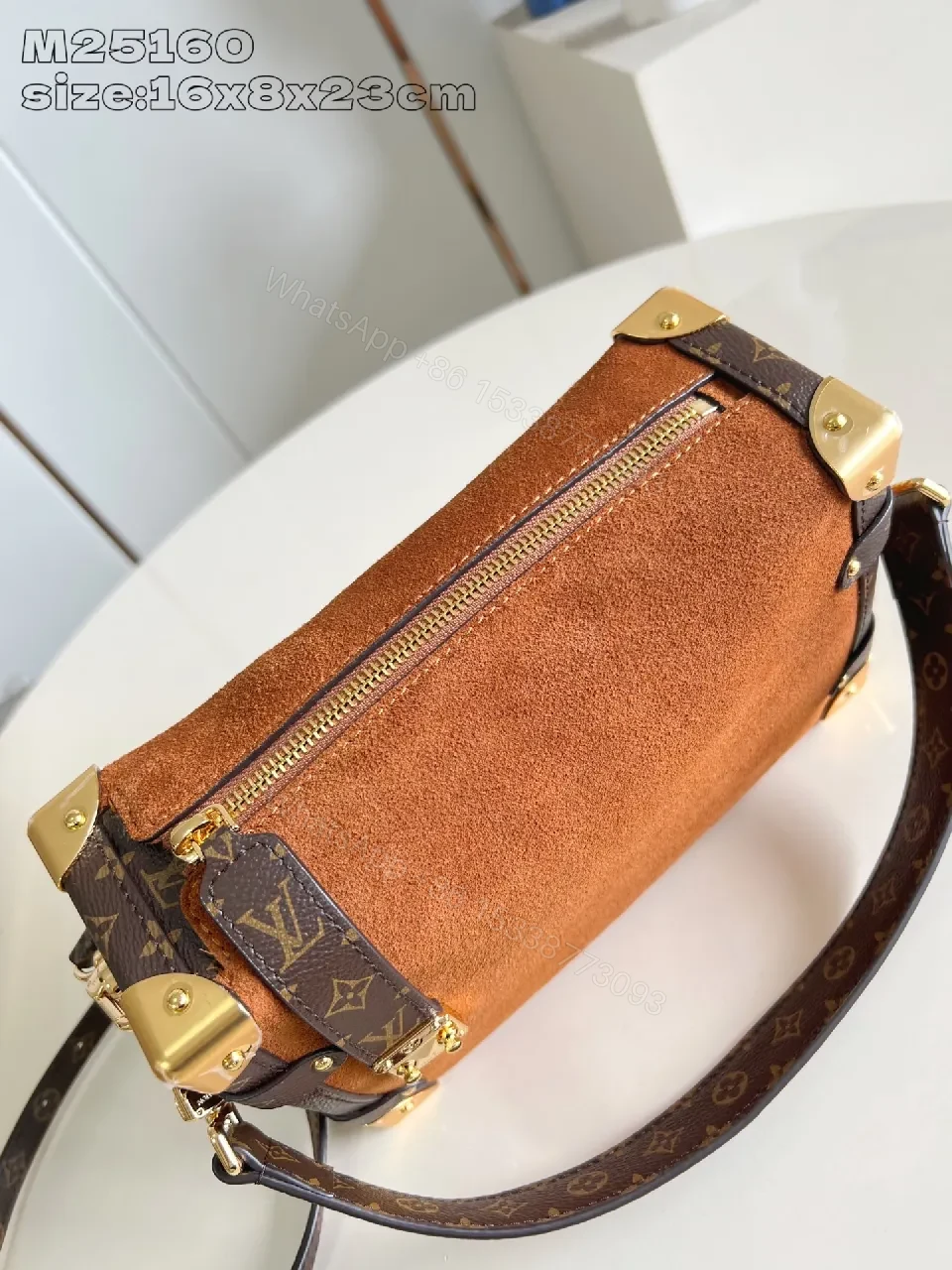 View 4 of Caramel Suede Satchel with Gold Hardware
