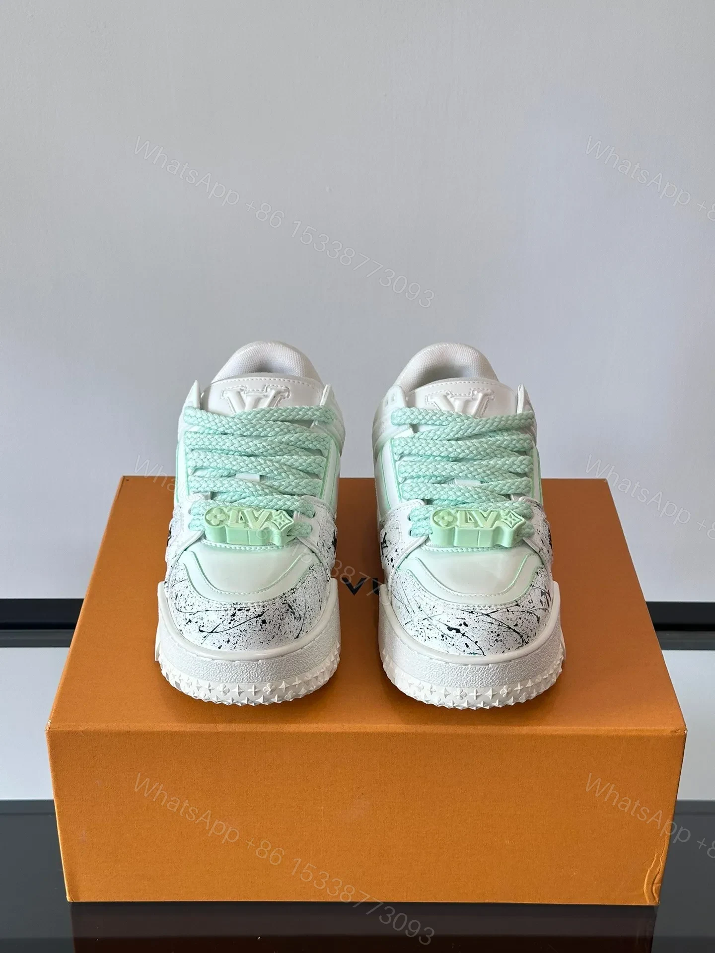 View 2 of LV Men White Leather Paint Splatter Sneakers