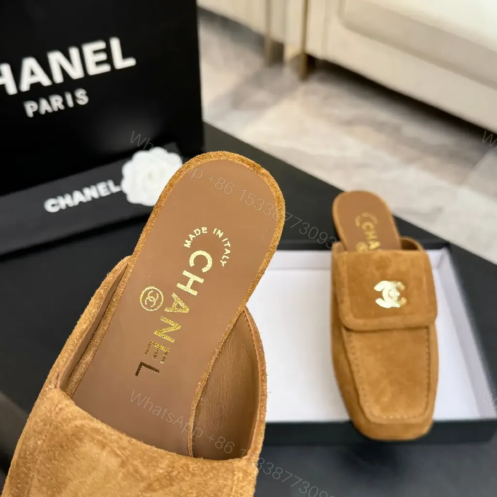 View 6 of Beige Suede Slip-On Mules with Chanel Logo Embellishment
