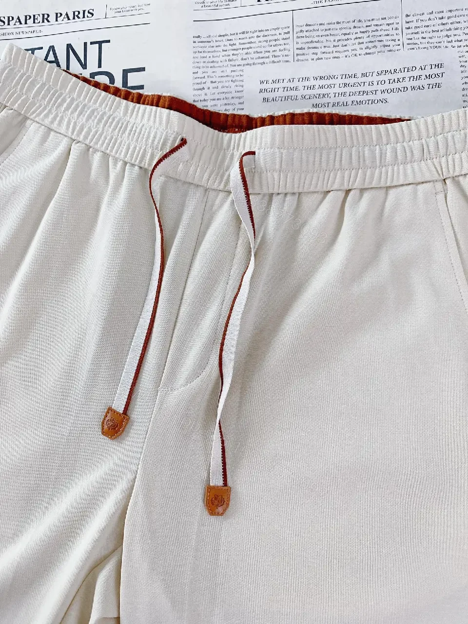 View 5 of Light Beige Drawstring Relaxed Pants with Elastic Waist, Smooth Solid Fabric, Full-Length Straight-Leg