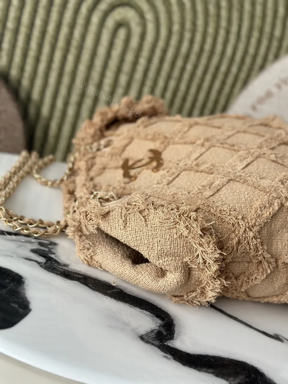 View 9 of Textured Beige Quilted Linen Mini Bag: Distressed Edge Luxury