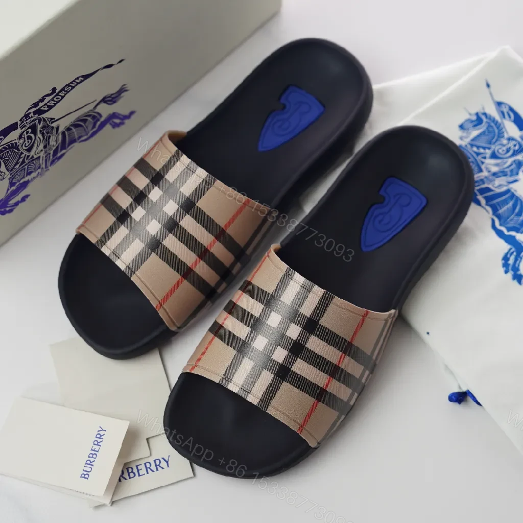 Beige Checkered Slide: Contoured Comfort — view 1
