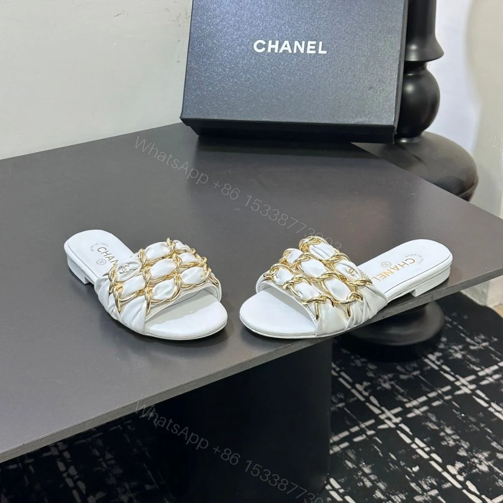 View 6 of Chanel Slide Sandals Gold Chain White