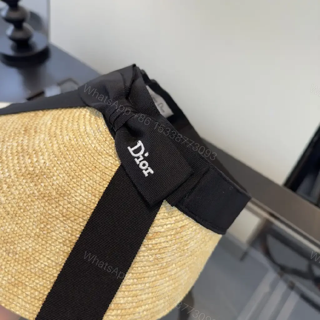 View 6 of Beige Straw Chic Sun Hat Visor, Woven, Faux Dior Ribbon
