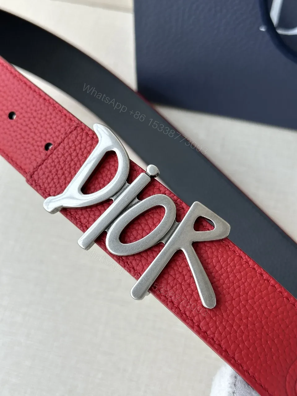View 5 of Red Leather Belt with Silver Dior-Inspired Buckle