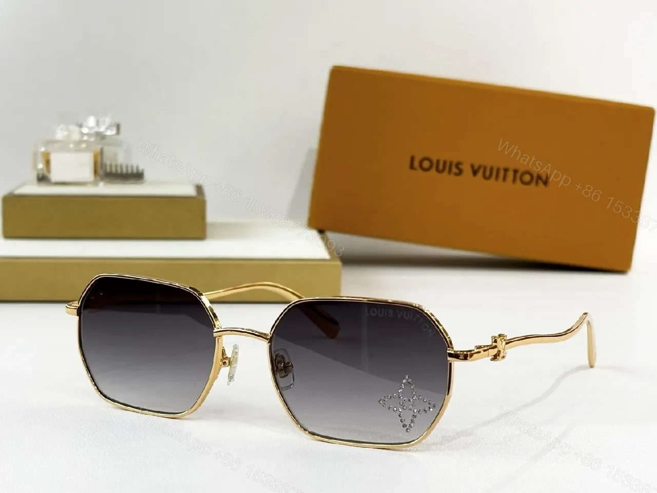 View 5 of Gold-Frame Sunglasses with Gradient Lenses and Diamond Accents, Luxury Style