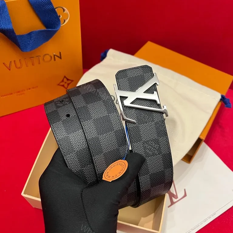 View 7 of Chic LV-Pattern Leather Belt with Signature Buckle
