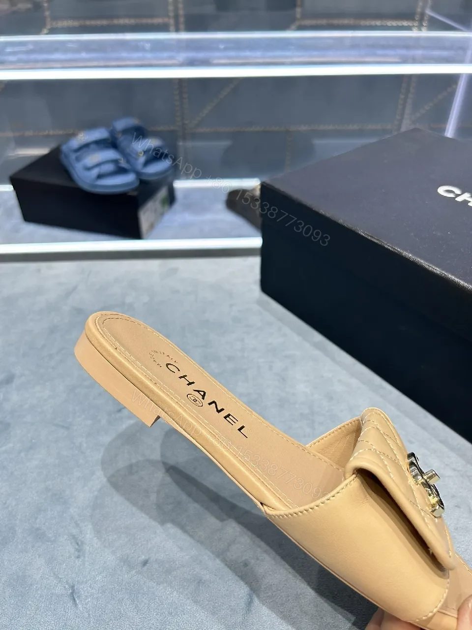 View 8 of Beige Quilted Leather Slide Sandals with Logo Detailing