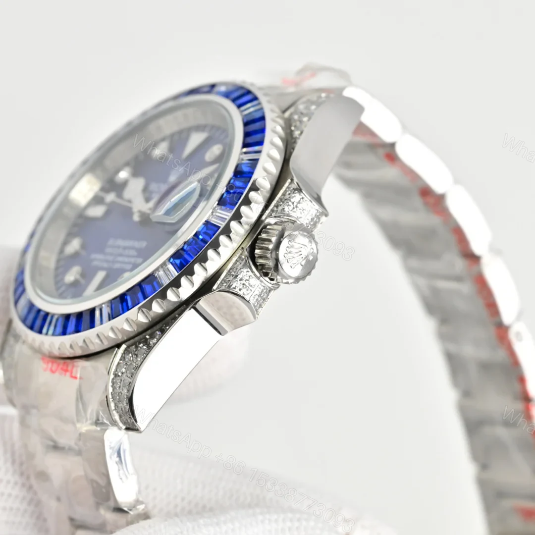View 4 of Rolex Submariner Blue Diamond Replica 40MM Premium Pavé Steel Bracelet RG-ROLEX-SUB-BLUE-DIAMOND-40