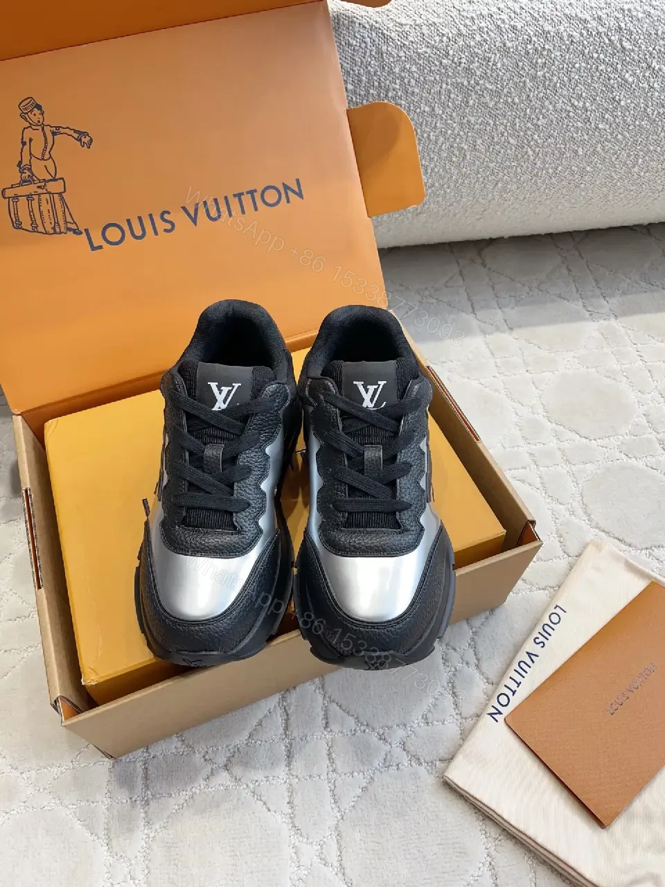 View 8 of Black Silver Leather Chunky Sneakers with LV Logo, Louis Vuitton Style