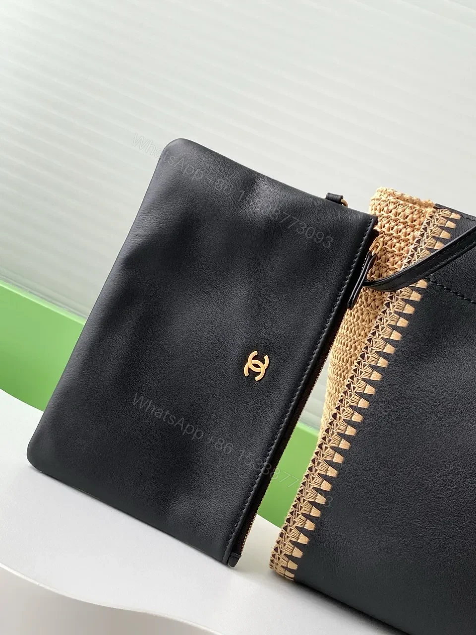 View 2 of Black Canvas Tote, Gold-Threaded Chain, Luxe Texture Bag