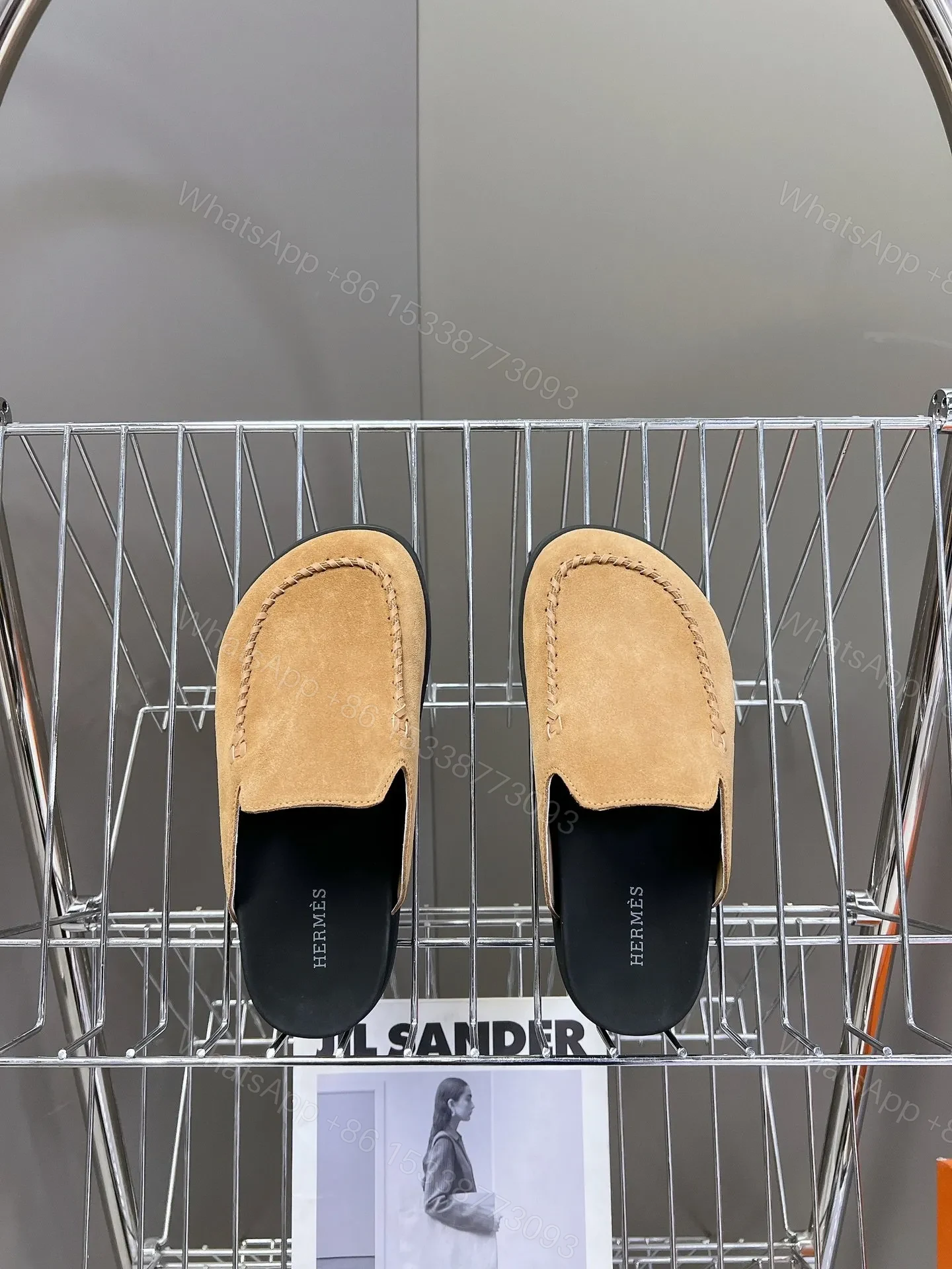 View 6 of Hermes Women Tan Suede Slip On Mules