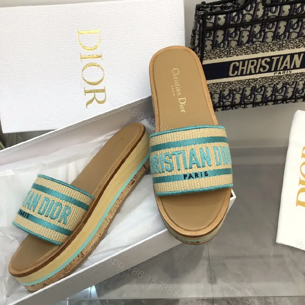 View 3 of Turquoise Canvas Striped Platform Sandals with Christian Dior Print