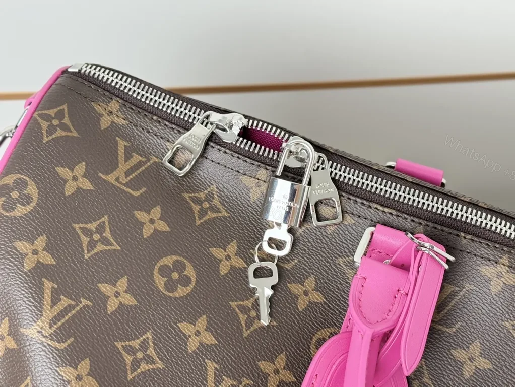 View 7 of Pink LV-Style Monogram Duffel: Luxe Crossbody-Ready Bag