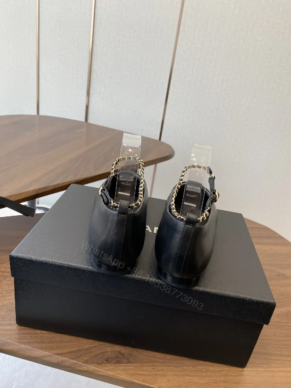 View 3 of Black Leather Slingback Heels with Gold Chain Accent