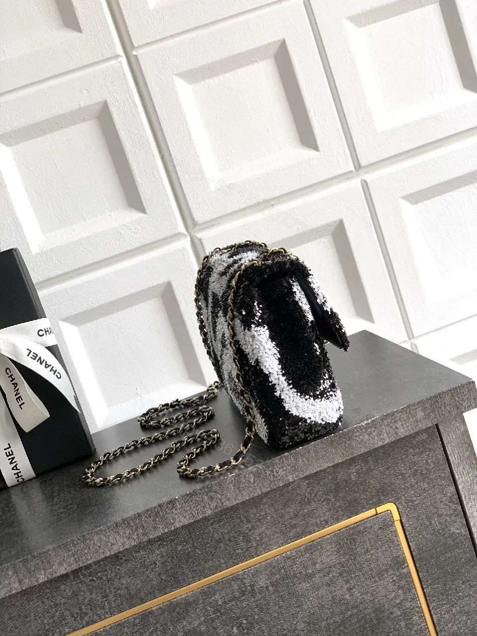 View 7 of Sequin Mini Bag: Black-White Wave, Gold Hardware, Chic Evening