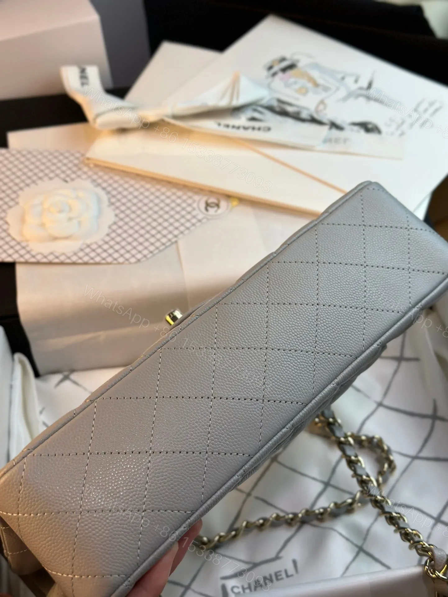 View 7 of CHANEL FLAP BAG 25CM GOLD HARDWARE GREY CAVIAR