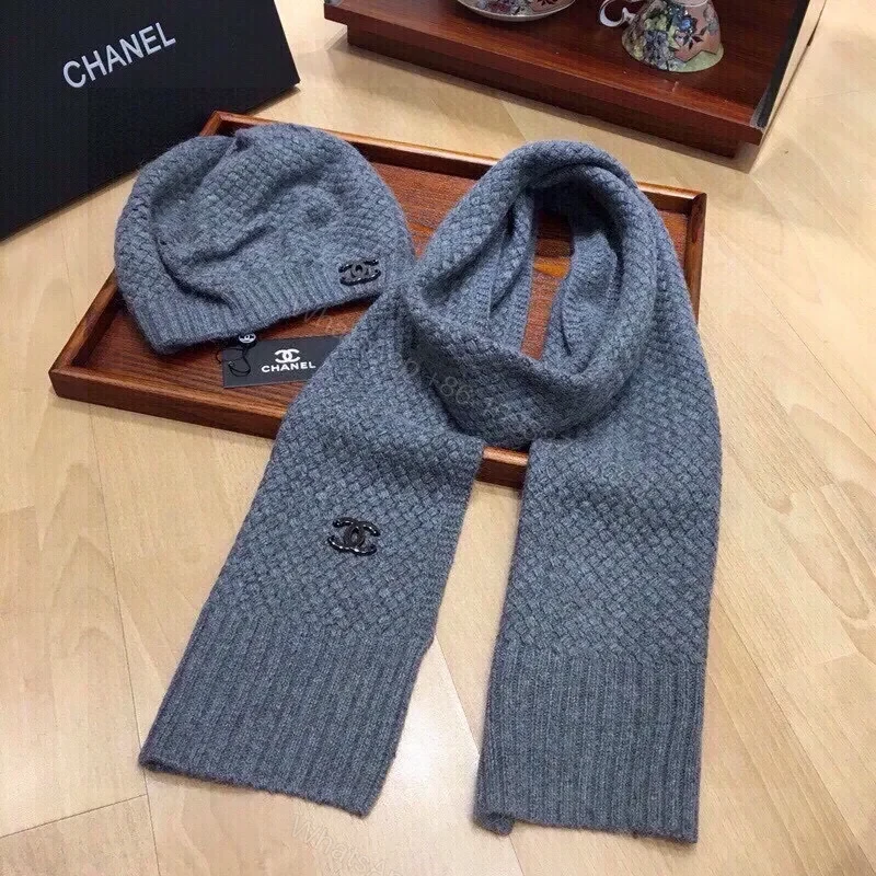 View 6 of Muted Gray Knit Set: Cozy Luxury Scarf & Beanie with Logo Hardware