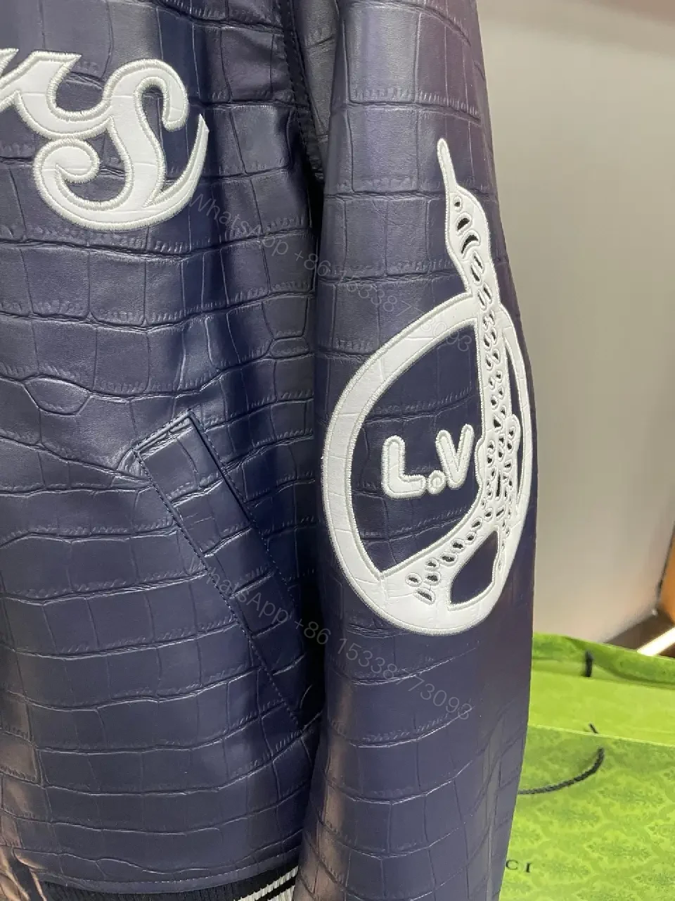 View 5 of Bold Navy Quilted Varsity Jacket with LV-Inspired Logo