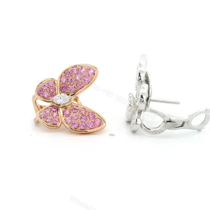 View 3 of 18K Gold Two Butterfly Diamond Pink Sapphires Earrings