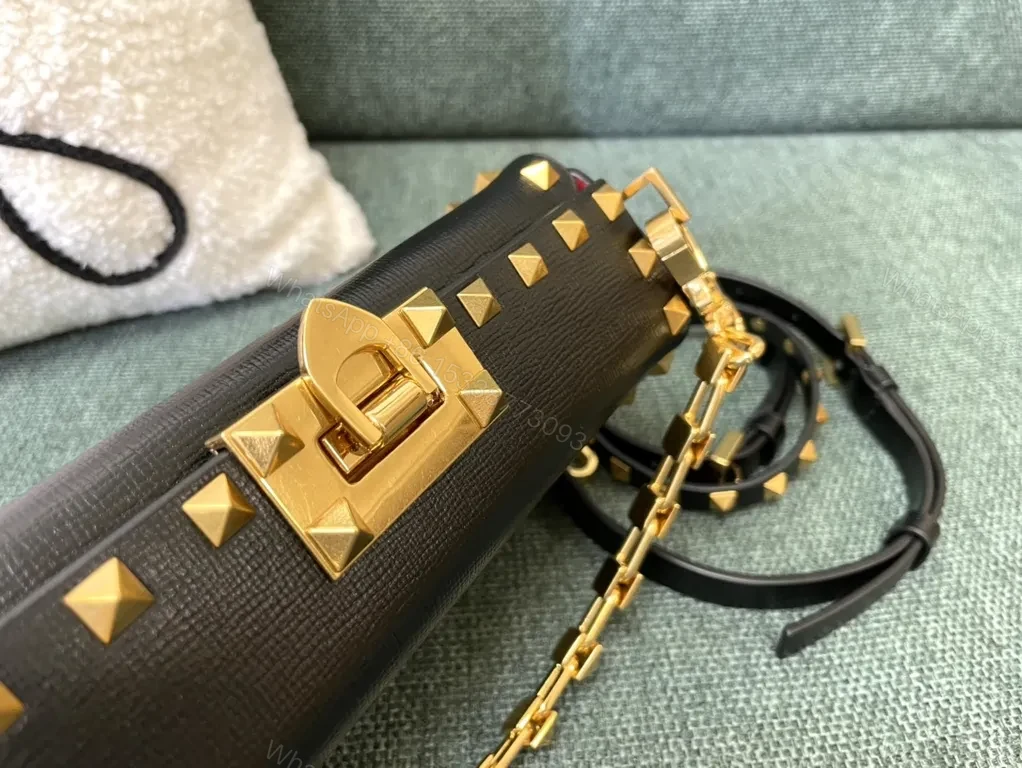 View 7 of Statement Black Leather Rockstud Shoulder Bag - Valentino Garavani